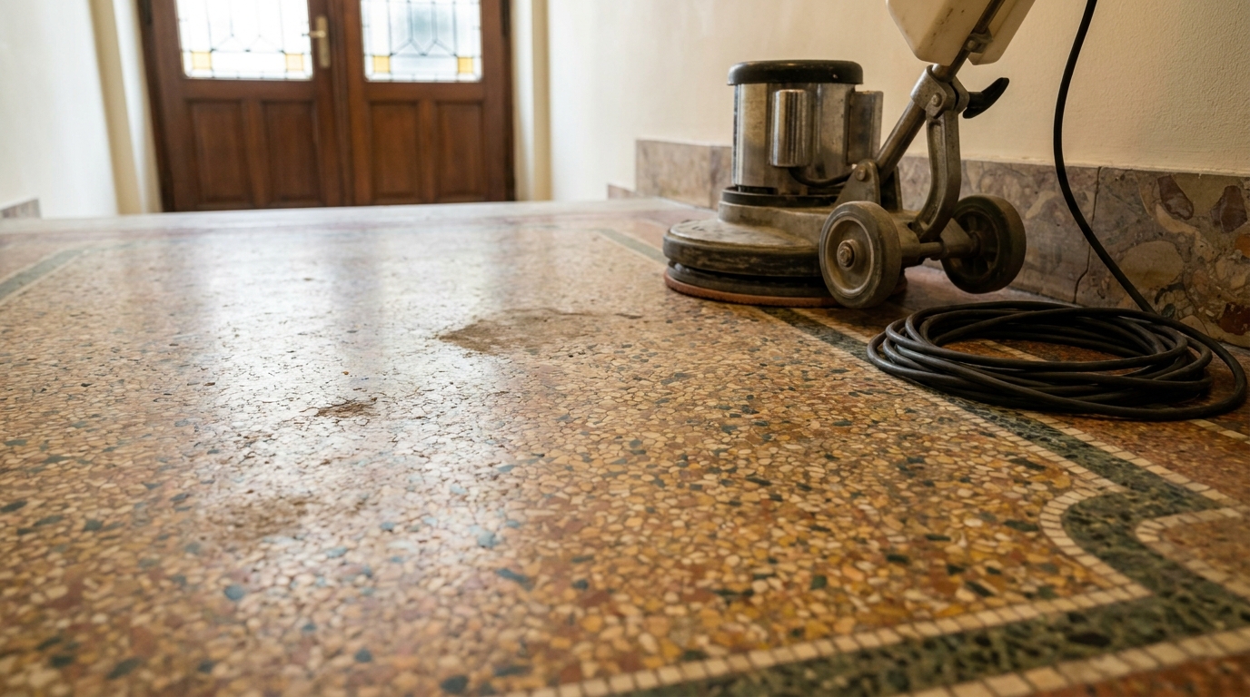 Historischer Terrazzoboden mit Patina neben einer bereitstehenden, ungenutzten Schleifmaschine im Berliner Hausflur