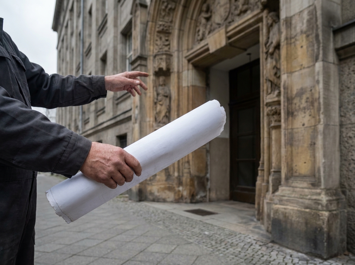 Fachmann betrachtet mit Plan ein historisches Sandsteinportal vor Beginn der Sanierung