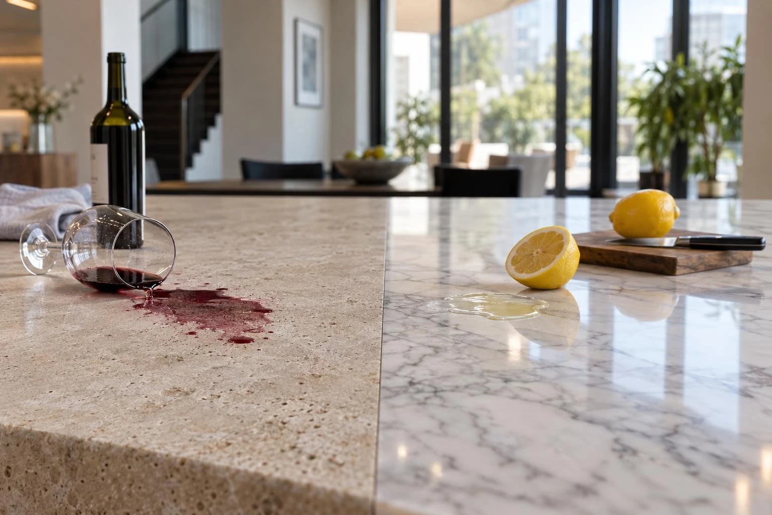 Symbolbild zum Flecken- und Säurerisiko: Rotwein auf einer hellen matten Steinfläche links, Zitrone auf einer glänzenden weiß-grauen Fläche rechts