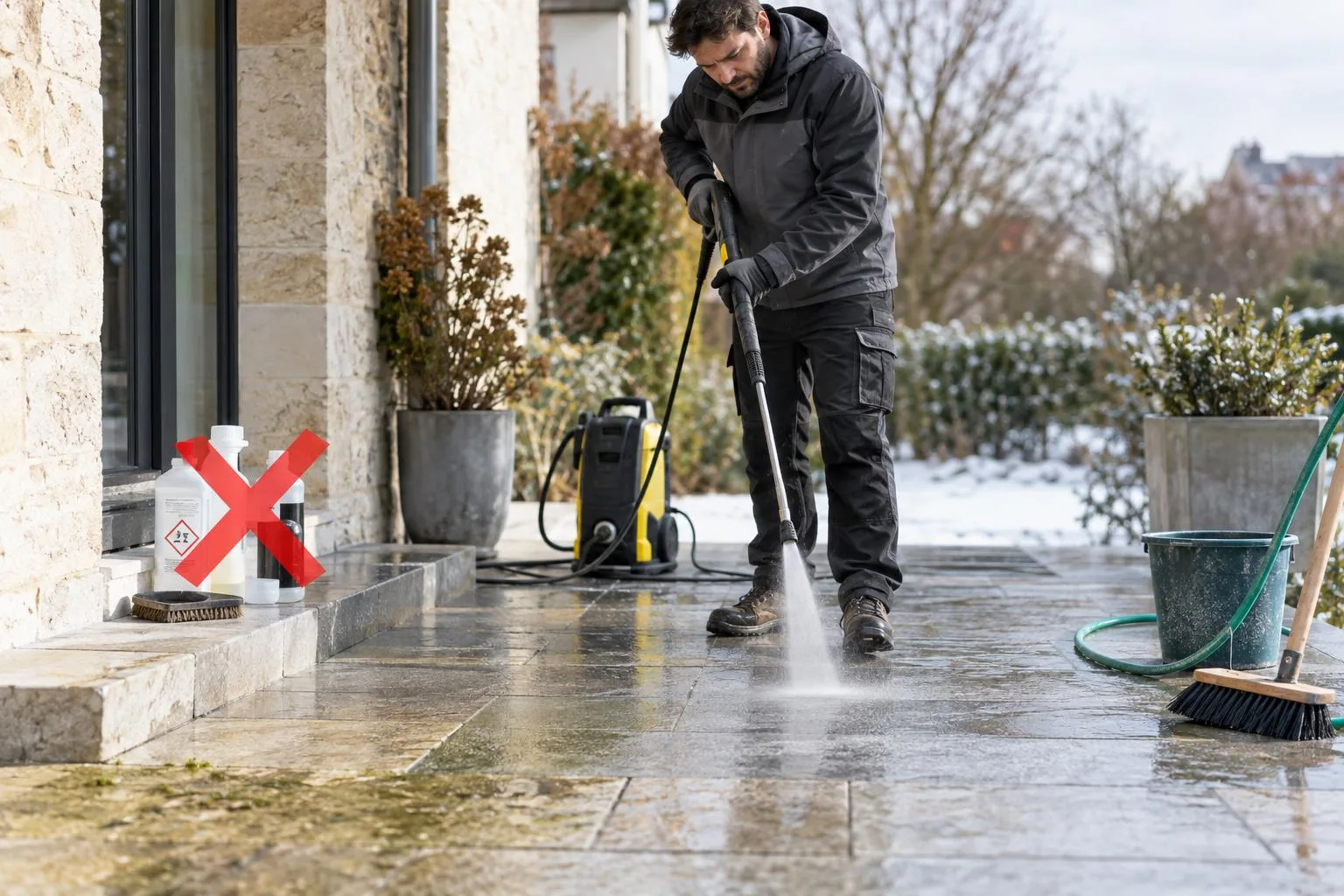 Symbolbild zum Reinigungsvergleich: Person mit Hochdruckgerät auf Steinplatten, durchgestrichene Säureflasche und Bürste
