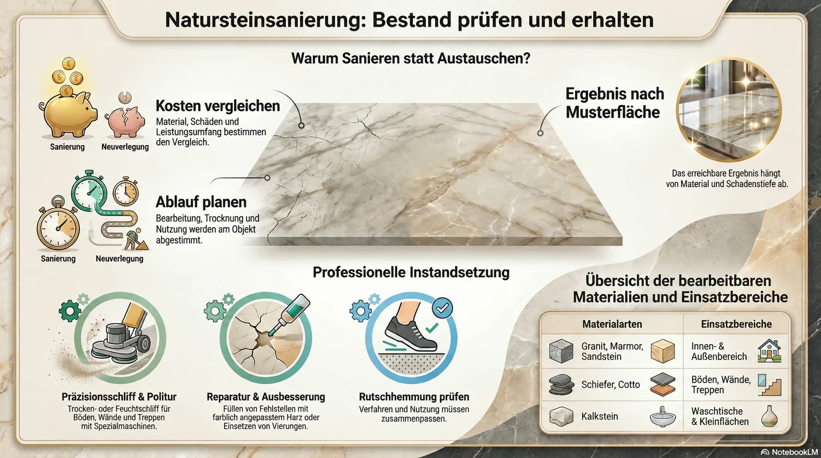 Infografik Natursteinsanierung: Kostenvergleich mit Neuverlegung, Präzisionsschliff und Politur, Reparatur und Ausbesserung, optimale Rutschsicherheit für Granit, Marmor, Sandstein, Schiefer, Cotto und Kalkstein